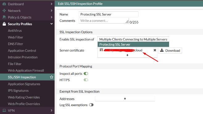 İlgili sertifika SSL/SSH Inspection “Protecting SSL Server” profili içerisinde seçilmesi