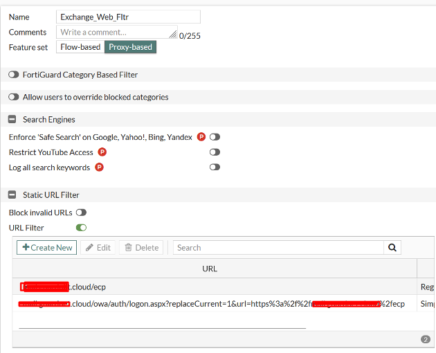 Yeni bir Web Filter profili oluşturuyor ve engellemek istediğimiz path’i URL Filter altında ekliyoruz.