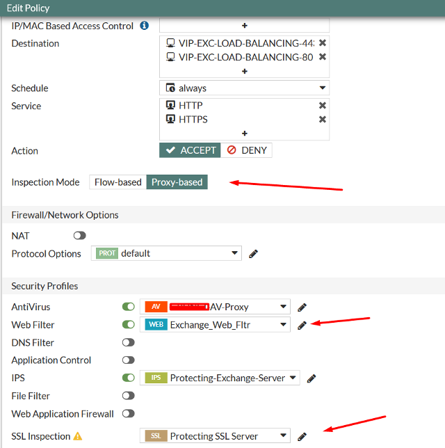 Oluşturduğumuz SSL Inspection ve Web Filter profillerini, Exchange sunucumuz için tanımlı olan DNAT policy'mizde seçiyoruz.
